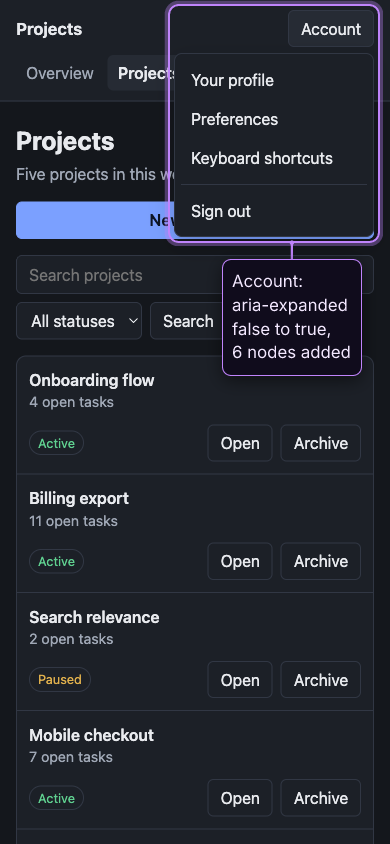 The sample projects app at 390 px wide in its mobile layout, run through browxai, with the Account menu open after one click and the diff browxai returned: aria-expanded false to true and 6 nodes added.