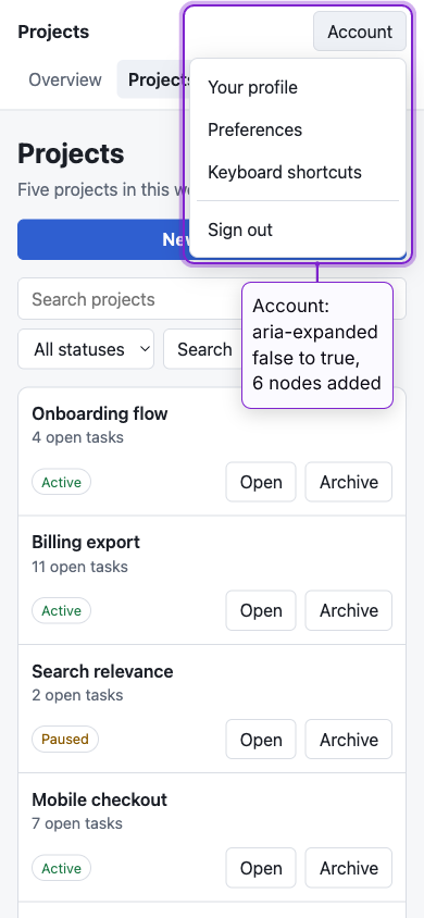 The sample projects app at 390 px wide in its mobile layout, run through browxai, with the Account menu open after one click and the diff browxai returned: aria-expanded false to true and 6 nodes added.