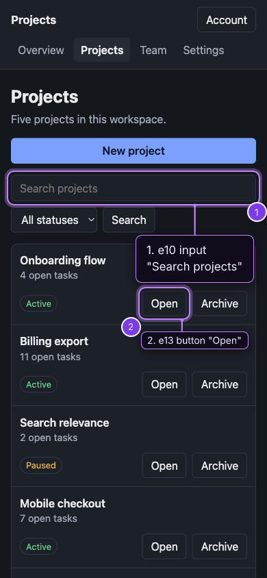 The same sample projects app at 390 px wide in its mobile layout, run through browxai, annotated with refs from the snapshot: e10 for the search input and e13 for the first Open button.