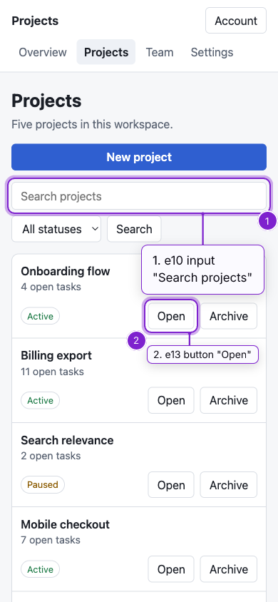 The same sample projects app at 390 px wide in its mobile layout, run through browxai, annotated with refs from the snapshot: e10 for the search input and e13 for the first Open button.